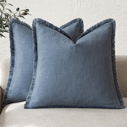 Decorative Linen Fringe Throw Pillow Covers 26×26 Inch (26" x 26" (Pack of 2) / Blue Ashes)