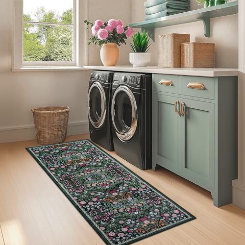 2x6 Washable Runner Rug：Floral Indoor Kitchen Carpet Dark Green (Dark Green / 2' x 6' (Runner))