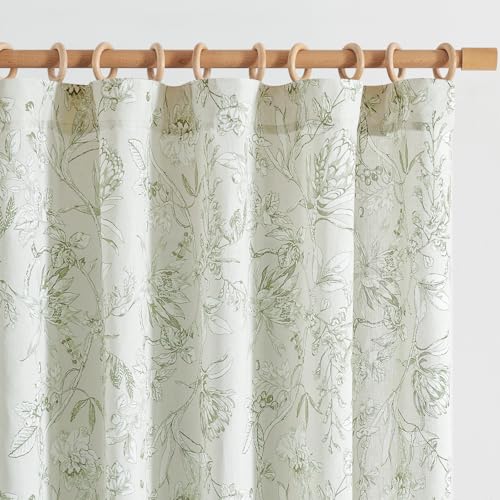 Green Floral Linen Curtains 84 Inch Vintage Back Tab 2 Panels (Flower Green on White / 50"W x 84"L (Pack of 2))
