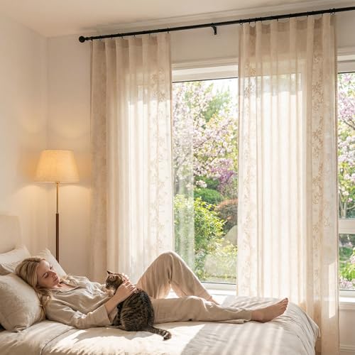 Floral Linen Curtains 84 Inch Farmhouse Back Tab 2 Panels (Vine | Ivory / 50"W x 84"L (Pack of 2))