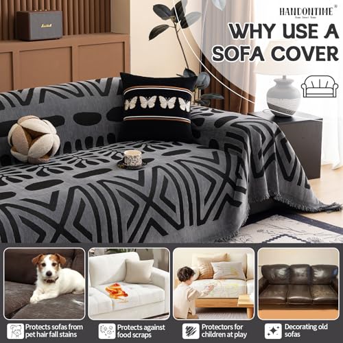 Boho Couch Cover Blanket Geometric Striped Pet Covers for Couches and Sofas Dark Grey and Black Dog Cover for Couch Pet Friendly Chenille Sectional Sofa Covers for Pets Washable (71" x 118" / Stripe: Dark Grey and Black)