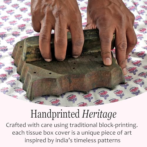 CPC Pink Sapphire Block Print Square Tissue Box Cover 100% Cotton (Pink Sapphire)