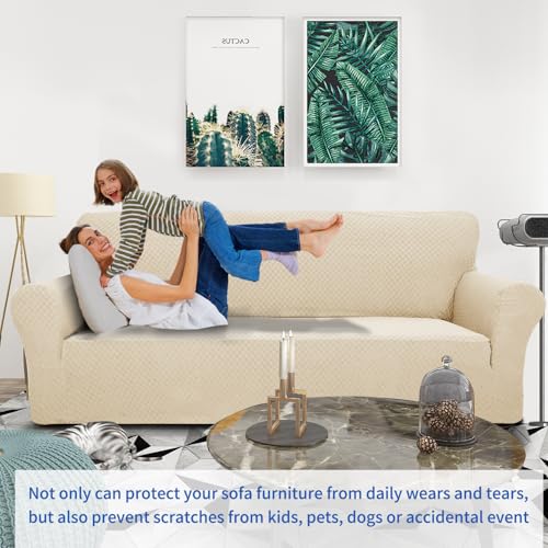 1 Piece Jacquard Couch Covers for 3 Cushion Couch Living Room High Stretch Sofa Cover Pets Dogs Friendly Anti Slip Thickened Slipcovers Furniture Protector (Large (71"-90") / Light Beige)