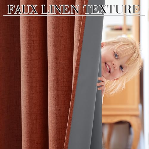 100% Blackout Linen Textured Curtains 108 Inch Long for Nursery (Terracotta / 52"W x 108"L (Pack of 2))