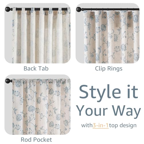 Blue Floral Linen Curtains 63 Inch Vintage Back Tab 2 Panels (Floral Blue / 50"W x 63"L (Pack of 2))