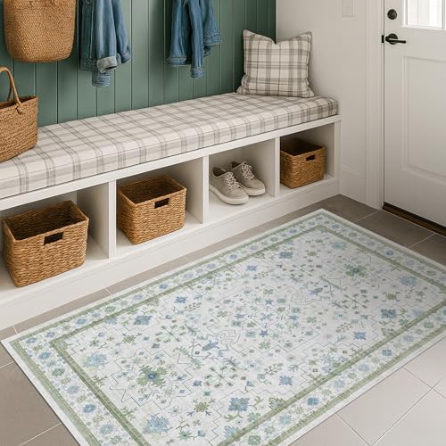 Blue and Green Washable Rugs 3x4 (3' x 4' (Rectangular) / Cream Green)