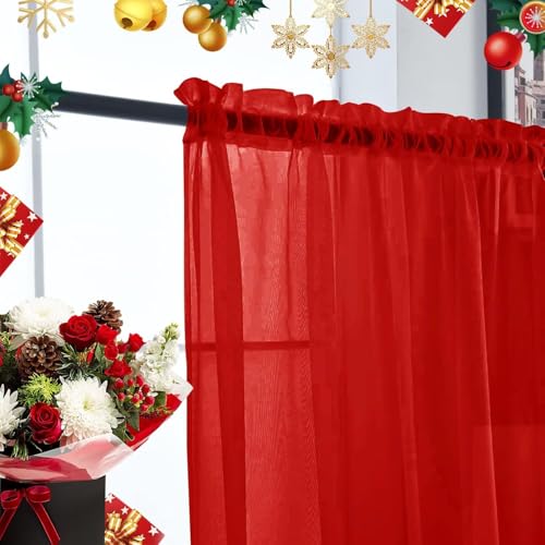 Basic Rod Pocket Sheer Voile Window Curtain Panels Red 1 Pair 2 Panels 26 Width 40 Inch Long for Kitchen Bedroom Children Living Room Yard（Red (Red / 26"W x 40"L (Pack of 2))