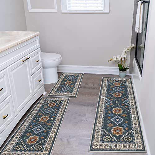 HEBE Boho Kitchen Rugs Set of 3 (Blue / 20"x32"+20"x48"+20"x59")