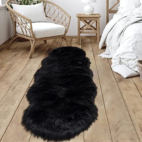 Black Fluffy Runner Rug 2x6 for Bedroom Faux Sheepksin Fur Fuzzy Furry Bedside Rug Shaggy Plush Soft Sheepskin (2' x 6' (Sheepskin) / Black)