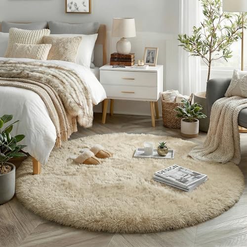 Beige Boho Round Circle Fluffy Area Rug 4Ft for Bedroom Nursery (Beige / 4' (Round))