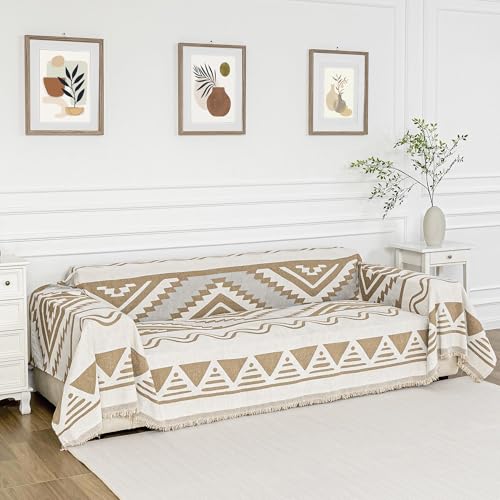 Sectional Couch Cover Khaki Boho Geometric Sofa Covers for Sectional Sofa L Shape Chenille Couch Protector for Dogs Pets Couch Throw Cover Washable Durable for Home Decor (71" x 118" / 2# Bohemia Khaki)
