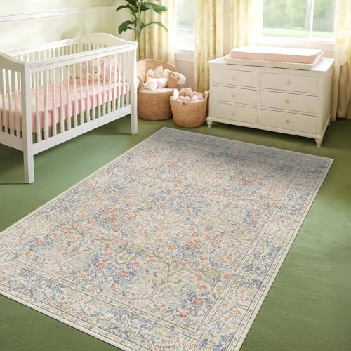 Vintage Washable Beige Blue Area Rugs for Bedroom Under Bed (Beige Blue / 4' x 6' (Rectangular))