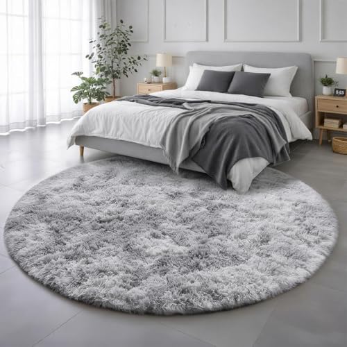 Tie Dyed Light Grey Big Shag Round Rug 6Ft for Living Room Bedroom (Tie-dyed Light Grey / 6' (Round))