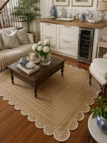 Scalloped Natural Jute Area Rug 3x5 Ft (3'x5' / Off-white)