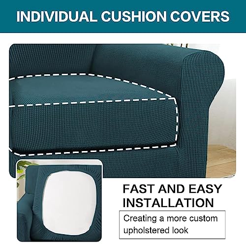 2 Piece Chair Covers Chair Slipcovers for Living Room Armchair Couch Cover Chair Sofa Cover with Individual Cushion Covers Furniture Cover for Chairs Feature Thick Fabric (Armchair (1 Cushion) / Deep Teal)