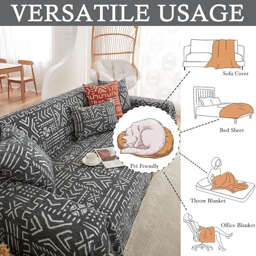 Sofa Covers Boho Couch Cover for 3 Cushion Couch Sofa Geometric Couch Cover for Living Room Pet Sofa Slipcovers Couch Protector for Dogs Aesthetic Cushion Cover (71" x 118" / Tassel 2:black/White)