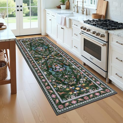 HEBE Hallway Runner Rug 2'x6' (Floral Green / 2' x 6' (Rectangular))