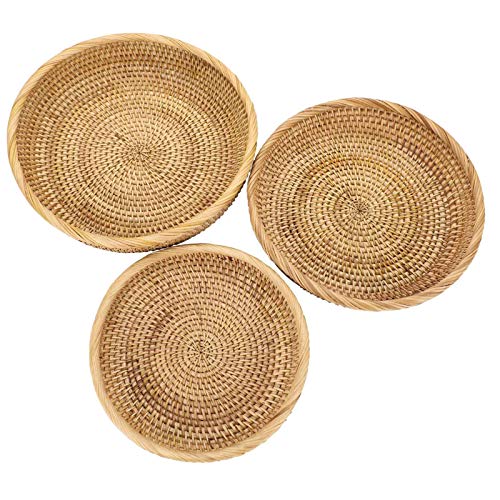 Set of 3 Key Basket Bowl for Entryway Woven Wicker Storage Basket Bowl Round Rattan Serving Basket Tray Fruit Snacks Candy Organizer Bowl for Keys Wallet Cell Phone Home Decor (Set of 3 (X-Small 7.6", Small 8.6", Medium 9.9") / Natural Color)