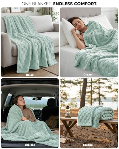 Plush Checkered Fleece Blanket Sage Green Throw (Sage Green / Throw)