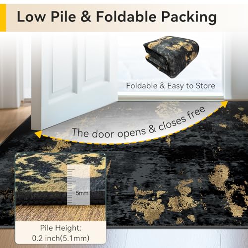 Washable Runner 2'x6' Abstract Area Rug for Hallway Black Gold (Black/Gold / 2' x 6' (Runner))