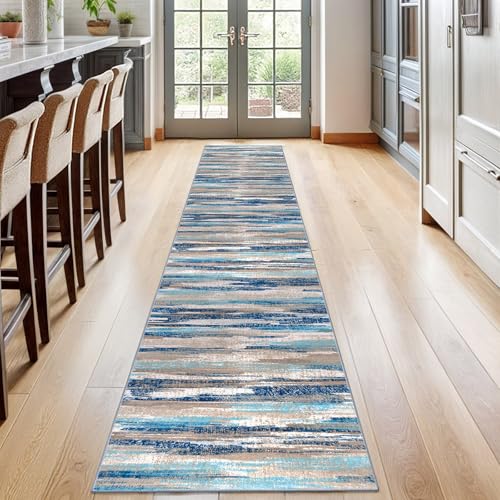 Abstract 2x12 Runner Rug Washable Runners for Hallway Non Slip (Blue Aqua/Beige Taupe Multi / 2' x 12' (Runner))