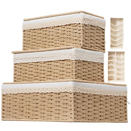 Rattan Divided Storage Basket with Lid (Divided Paper * Set of 3)