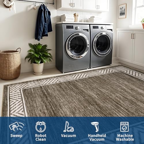 Washable Hallway Rug 2x6 Narrow Modern Bordered Floor Runner (Brown/Coffee / 2' x 6' (Rectangular))