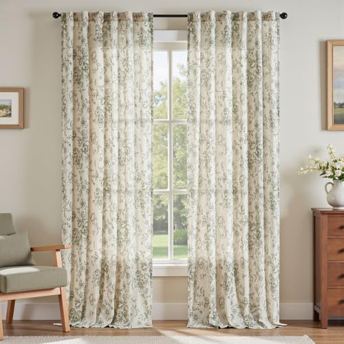 Vintage Floral Linen Curtains 96 Long for Living Room 2 Panels (Green / 50"W x 96"L (Pack of 2))