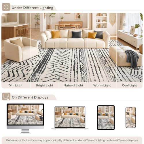 Boho 5x7 Area Rug Living Room Rugs Machine Washable Black (Ivory Black / 5' X 7' (Rectangular))