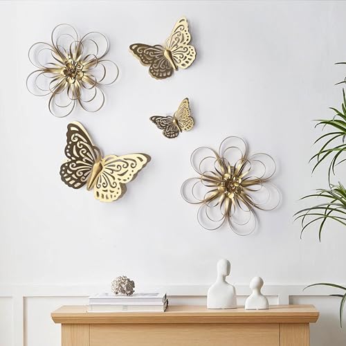 Gold Finish Metal Butterflies Wall Art Set of 3 Metal Wall Decor Butterfly Hanging Decor for Bedroom Bathroom Living Room Garden Kitchen (Rustic Butterfly-3)