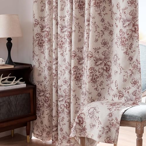 Floral Linen Blackout Curtains for Bedroom 90 Inches Long (Red / 50"W x 90"L (Pack of 2))