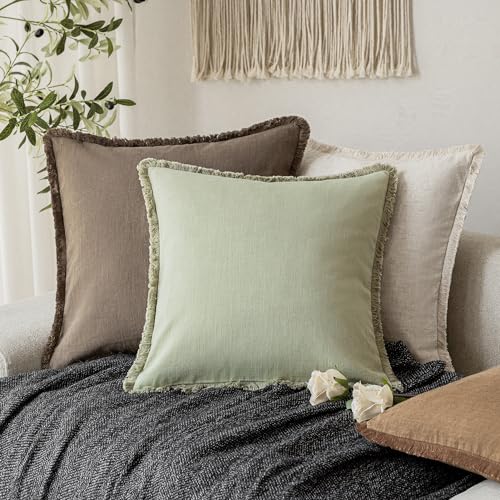 Decorative Linen Fringe Throw Pillow Covers 18×18 Light Green (18" x 18" (Pack of 2) / Seeding Green)