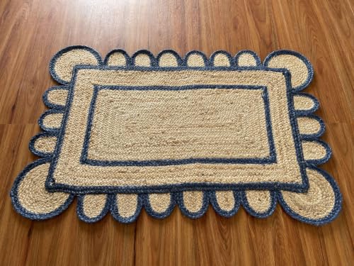 Jute Runner Rug 2x12 Ft with Scalloped Border (Blue / 2' x 12' (Rectangular))