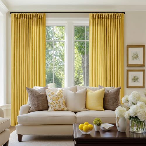 Mustard Yellow Pleated Semi Sheer Linen Curtains 102 Inches Long 2 Panel (Mustard Yellow / 40"W x 102"L (Pack of 2))