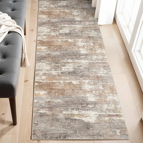 2x6 Runner Rug Washable Abstract (Brown/Brick / 2' x 6')