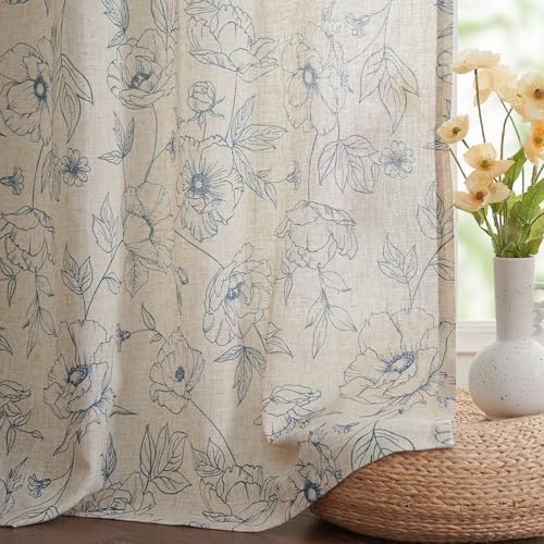Floral Linen Curtains for Living Room 63 Inch Length Blue Flower Curtain Rod Pocket Back Tab Farmhouse Curtains with Printed Floral Bedroom Window Curtain Set (Penny Blue on Ecru / 50"W x 63"L (Pack of 2))