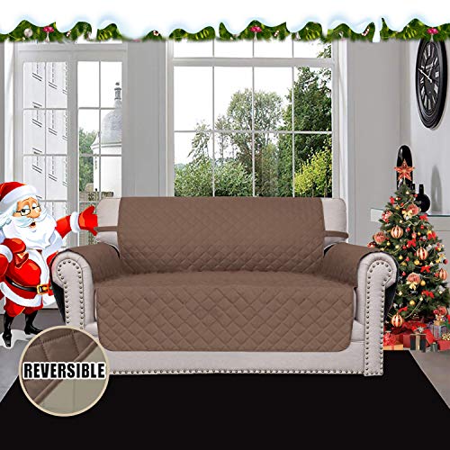 Reversible Loveseat Couch Cover for 2 Cushion Couch Sofa Cover for Dogs Water Resistant Furniture Protector with Foam Sticks Elastic Straps for Pet (Brown/Beige / Medium Loveseat)