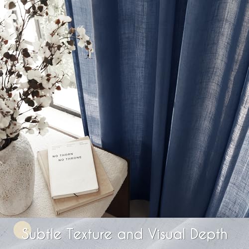 Navy Blue Curtains 96 inch Length for Bedroom Back Tab Light Filtering Semi Sheer Blue Living Room Curtains Linen Cotton Textured Indigo Blue Drapery Panel Modern Farmhouse Aesthetic Decor Dark Blue (Navy Blue / 52"W x 96"L (Pack of 2))