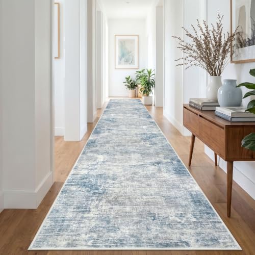 Abstract Runner Rug 3x18 Ft Washable Runners for Hallways (Light Blue/Grey/White / 3' x 18' (Rectangular))