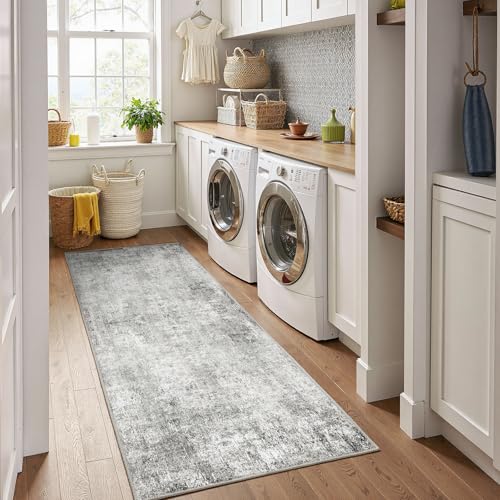 Washable Runner 2'x8' Abstract Area Rug for Hallway Gray White (Gray/White / 2' x 8' (Runner))