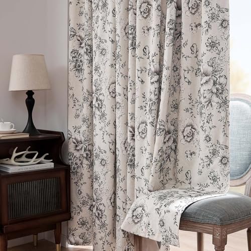 Floral Linen Blackout Curtains for Bedroom 84 Inches Long (Black / 50"W x 84"L (Pack of 2))