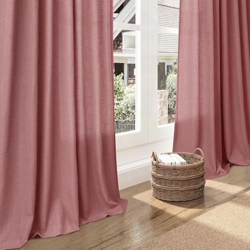 Canyon Rose Linen 144 Inch Curtains for Living Room Light Filtering Semi Sheer Curtain Back Tab Modern Farmhouse Decor Elegant Girl Drapes Floor to Ceiling High Window for Bedroom 52x144 (52"W x 144"L (Pack of 2) / Canyon Rose)