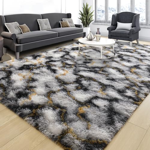 Soft Fluffy Rugs for Bedroom (White Black Gold / 4' X 6' (Rectangular))