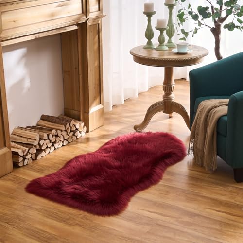 Ultra Soft Fluffy Shaggy Area Rug Faux Fur Rug Chair Cover Seat Pad Fuzzy Area Rug for Bedroom Floor Sofa Living Room (Burgundy / 2' x 4' (Sheepskin))