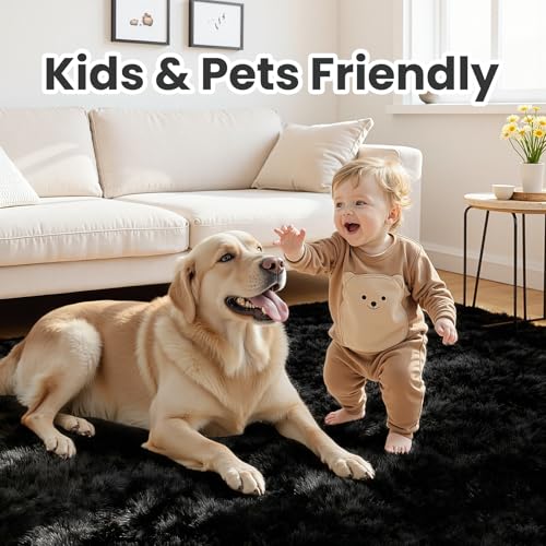 6x9 Fluffy Shag Area Rugs for Living Room Bedroom (Black / 6' x 9' (Rectangular))