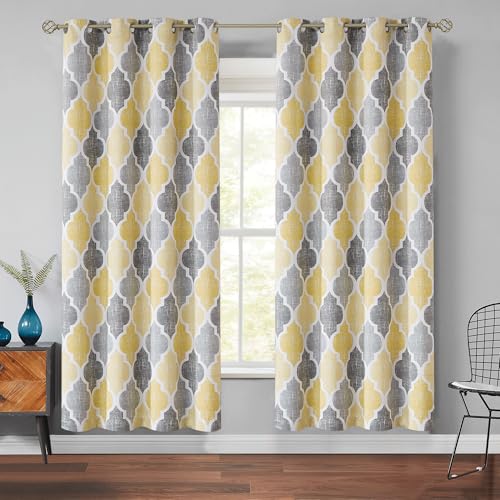 Moroccan 100% Blackout Curtains Bedroom Yellow Grey 50x72 2 Panels (Grommet | Yellow and Grey / 50"W x 72"L (Pack of 2))