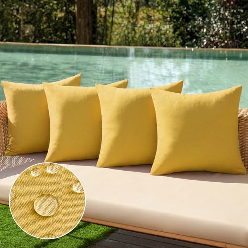 Pack of 4 Decorative Outdoor Throw Pillow Covers Linen Waterproof Pillow Covers Summer Farmhouse Cushion Cases for Patio Garden Tent Balcony Couch Sofa 18x18 Inch Yellow (18" x 18" (Pack of 4) / Yellow)