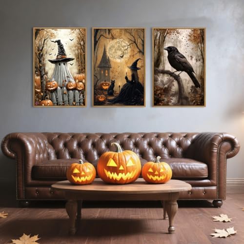 Large Vintage Halloween Wall Art Spooky Ghost Witch Wall Decor Black Cat with Crow Painting 16x24 Inch Set of 3 for Living Room Bedroom (Witch / 24"L x 16"W)
