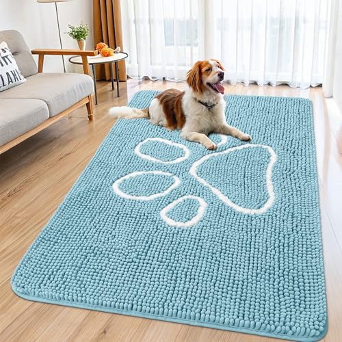 Dog Door Mat for Muddy Paws (59"X35" / Sky Blue and White)