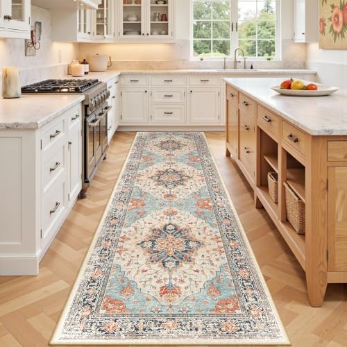 Washable Area Rug (Beige/Blue/Orange / 3' x 9' (Rectangular))